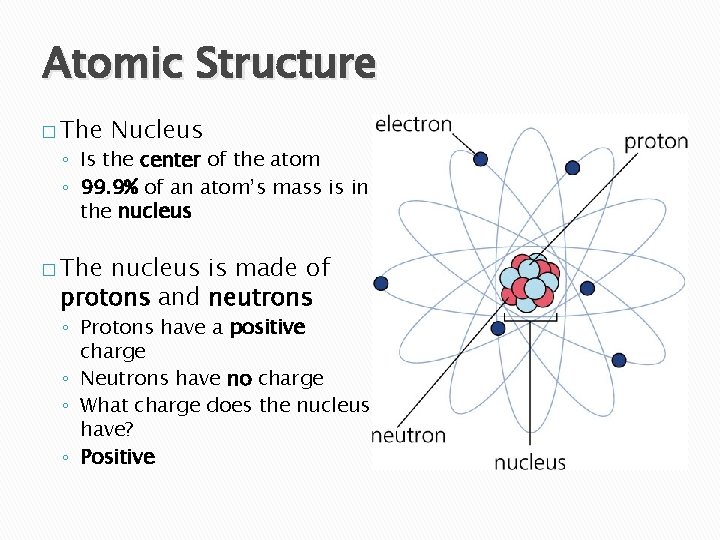 Atomic Structure � The Nucleus ◦ Is the center of the atom ◦ 99.