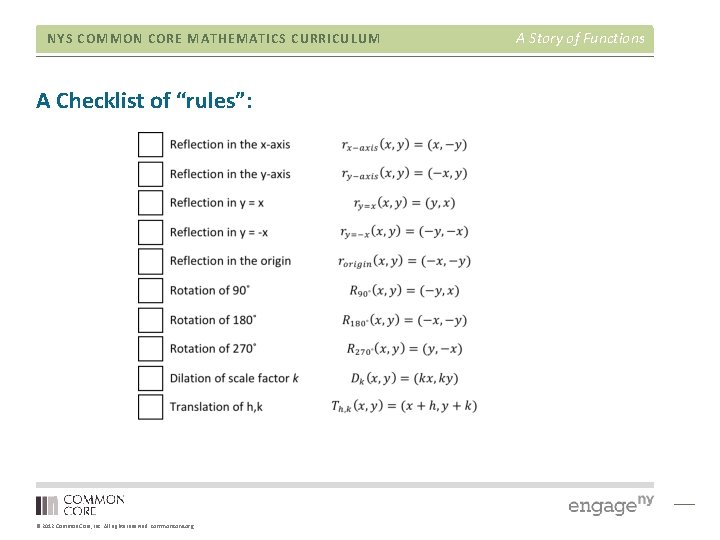 NYS COMMON CORE MATHEMATICS CURRICULUM A Checklist of “rules”: © 2012 Common Core, Inc. NYS COMMON CORE MATHEMATICS CURRICULUM A Checklist of “rules”: © 2012 Common Core, Inc.