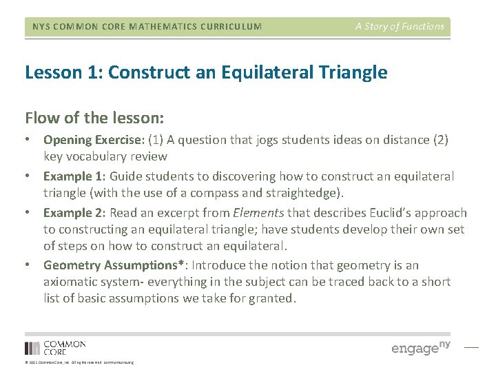 NYS COMMON CORE MATHEMATICS CURRICULUM A Story of Functions Lesson 1: Construct an Equilateral NYS COMMON CORE MATHEMATICS CURRICULUM A Story of Functions Lesson 1: Construct an Equilateral