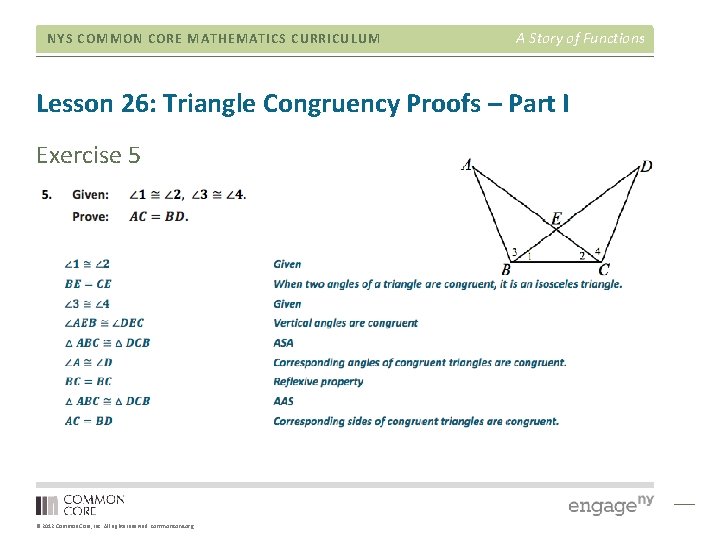 NYS COMMON CORE MATHEMATICS CURRICULUM A Story of Functions Lesson 26: Triangle Congruency Proofs NYS COMMON CORE MATHEMATICS CURRICULUM A Story of Functions Lesson 26: Triangle Congruency Proofs