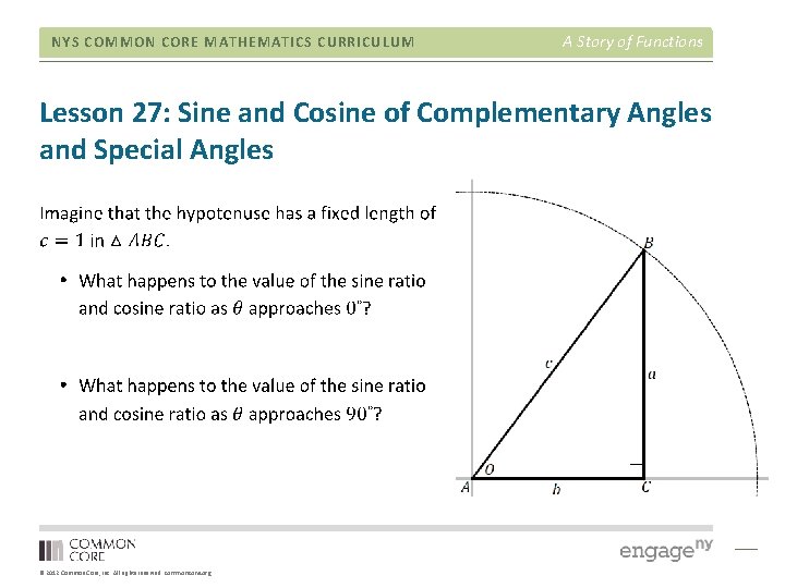 NYS COMMON CORE MATHEMATICS CURRICULUM A Story of Functions Lesson 27: Sine and Cosine NYS COMMON CORE MATHEMATICS CURRICULUM A Story of Functions Lesson 27: Sine and Cosine