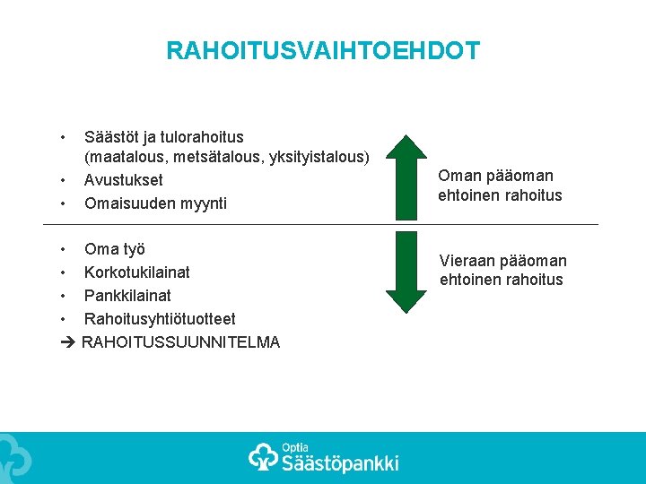 RAHOITUSVAIHTOEHDOT • • • Säästöt ja tulorahoitus (maatalous, metsätalous, yksityistalous) Avustukset Omaisuuden myynti •