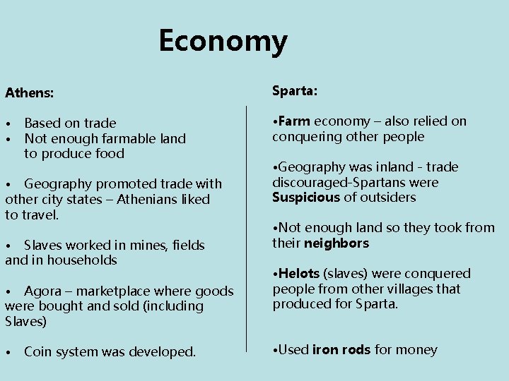 Economy Athens: Sparta: • • • Farm economy – also relied on conquering other Economy Athens: Sparta: • • • Farm economy – also relied on conquering other