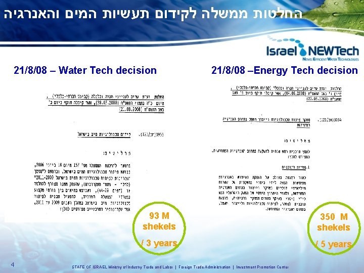  החלטות ממשלה לקידום תעשיות המים והאנרגיה 21/8/08 – Water Tech decision 4 21/8/08