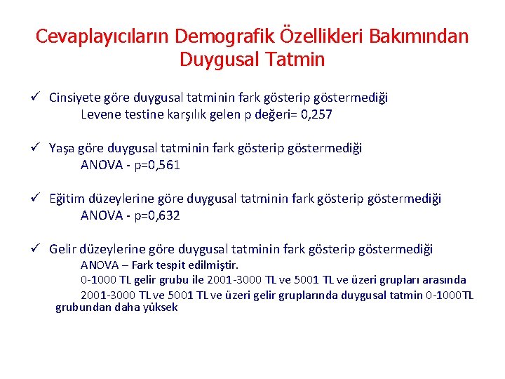 Cevaplayıcıların Demografik Özellikleri Bakımından Duygusal Tatmin ü Cinsiyete göre duygusal tatminin fark gösterip göstermediği