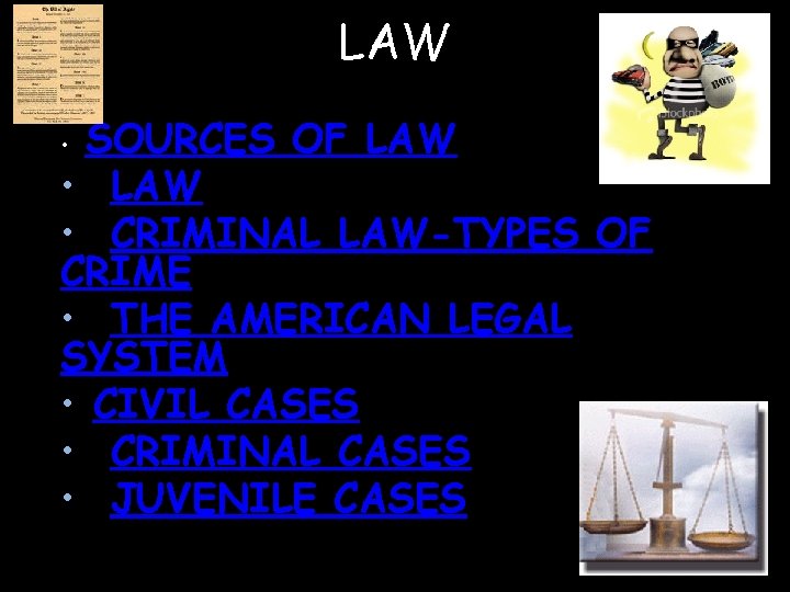 LAW SOURCES OF LAW • CRIMINAL LAW-TYPES OF CRIME • THE AMERICAN LEGAL SYSTEM