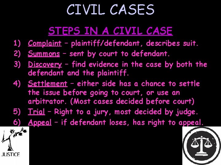 CIVIL CASES STEPS IN A CIVIL CASE 1) Complaint – plaintiff/defendant, describes suit. 2)