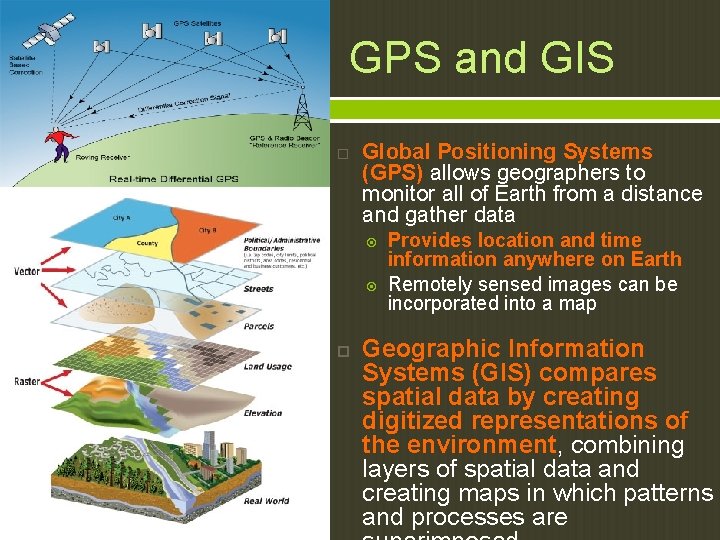 GPS and GIS Global Positioning Systems (GPS) allows geographers to monitor all of Earth