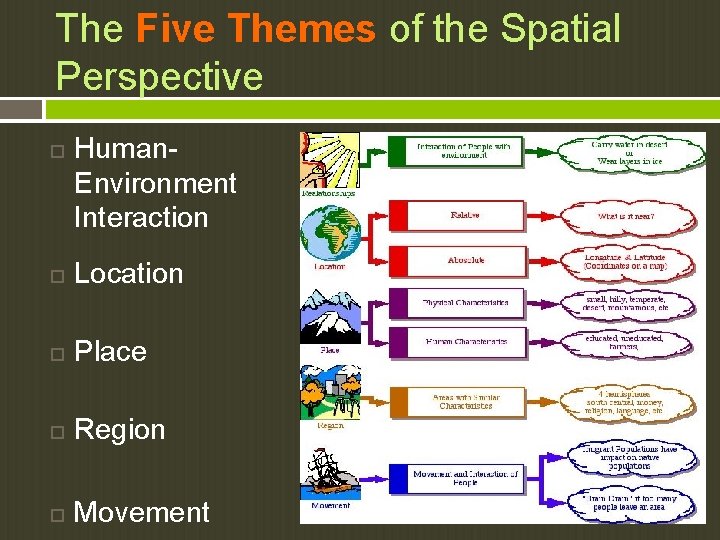The Five Themes of the Spatial Perspective Human. Environment Interaction Location Place Region Movement