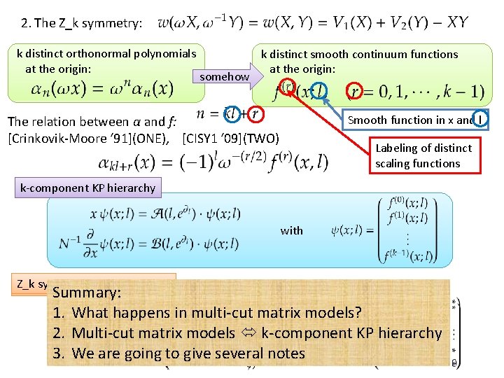 2. The Z_k symmetry: k distinct orthonormal polynomials at the origin: somehow k distinct