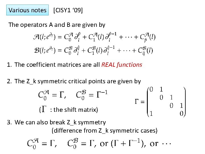 Various notes [CISY 1 ‘ 09] The operators A and B are given by