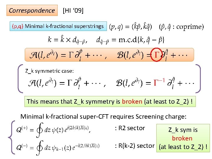 Correspondence [HI ‘ 09] (p, q) Minimal k-fractional superstrings Z_k symmetric case: This means