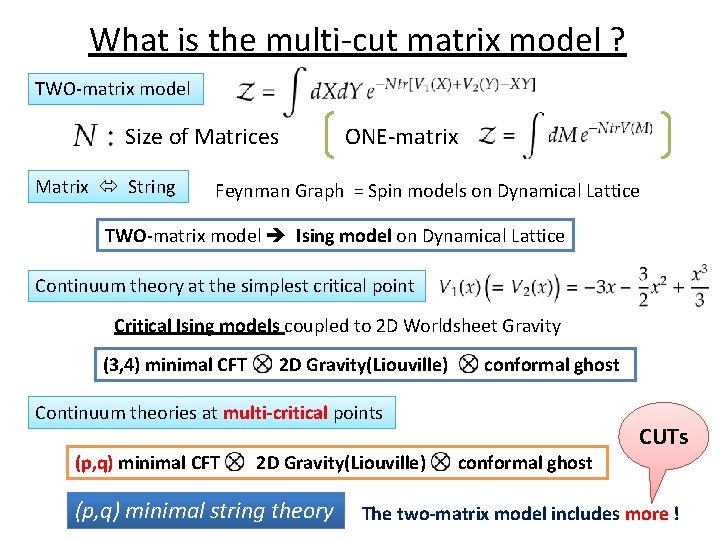 What is the multi-cut matrix model ? TWO-matrix model Size of Matrices Matrix String