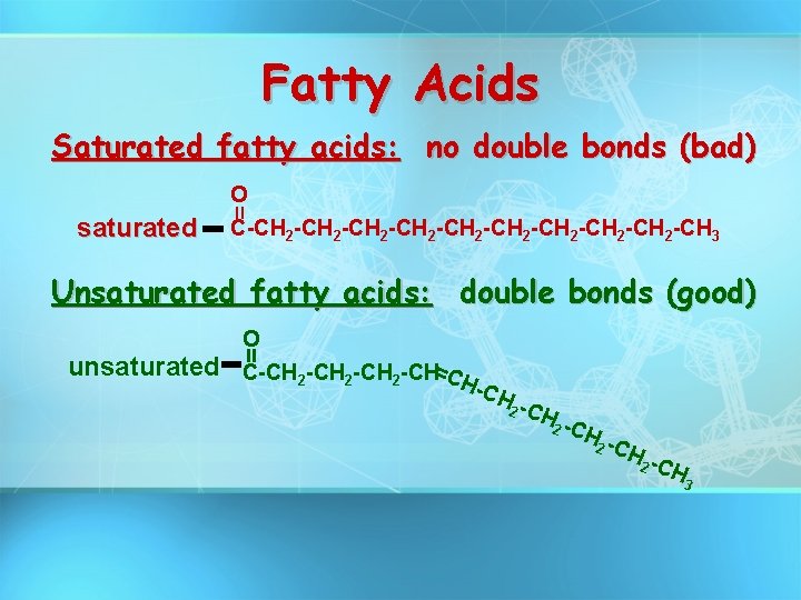 Fatty Acids Saturated fatty acids: no double bonds (bad) = saturated O C-CH 2