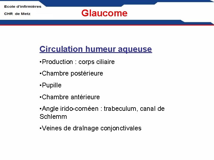 Glaucome Circulation humeur aqueuse • Production : corps ciliaire • Chambre postérieure • Pupille