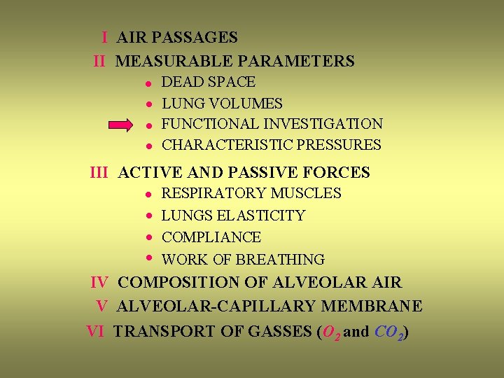 I AIR PASSAGES II MEASURABLE PARAMETERS · · DEAD SPACE LUNG VOLUMES FUNCTIONAL INVESTIGATION