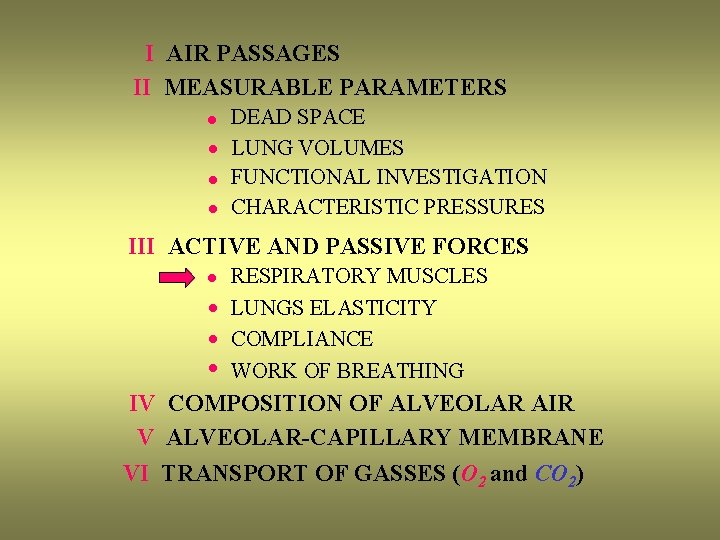 I AIR PASSAGES II MEASURABLE PARAMETERS · · DEAD SPACE LUNG VOLUMES FUNCTIONAL INVESTIGATION