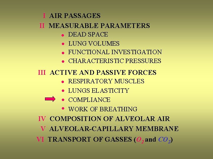 I AIR PASSAGES II MEASURABLE PARAMETERS · · DEAD SPACE LUNG VOLUMES FUNCTIONAL INVESTIGATION