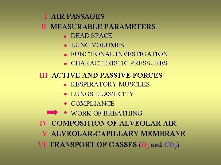 I AIR PASSAGES II MEASURABLE PARAMETERS · · DEAD SPACE LUNG VOLUMES FUNCTIONAL INVESTIGATION