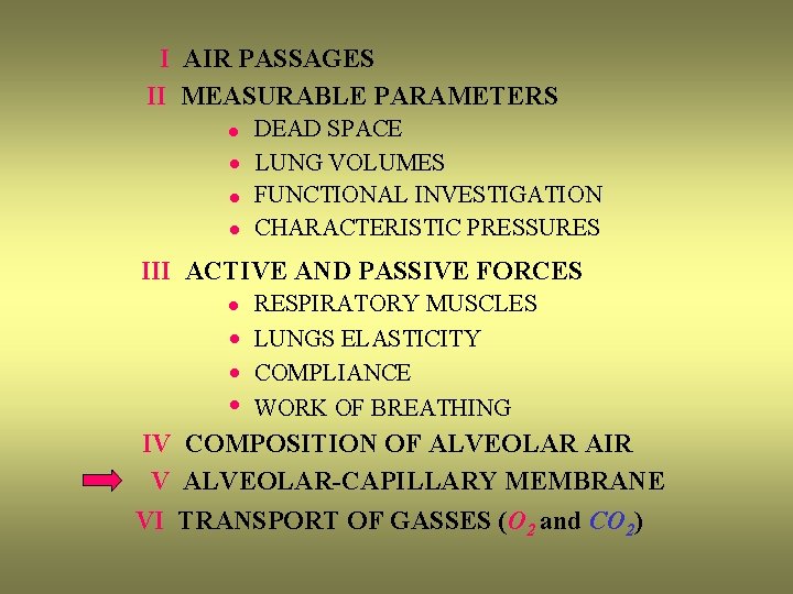 I AIR PASSAGES II MEASURABLE PARAMETERS · · DEAD SPACE LUNG VOLUMES FUNCTIONAL INVESTIGATION