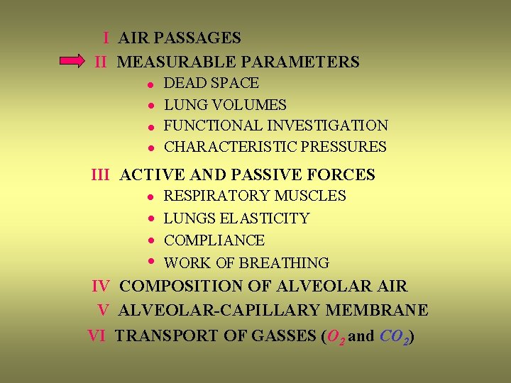 I AIR PASSAGES II MEASURABLE PARAMETERS · · DEAD SPACE LUNG VOLUMES FUNCTIONAL INVESTIGATION