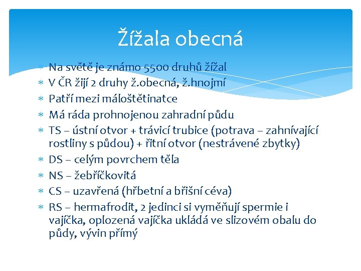 Žížala obecná Na světě je známo 5500 druhů žížal V ČR žijí 2 druhy