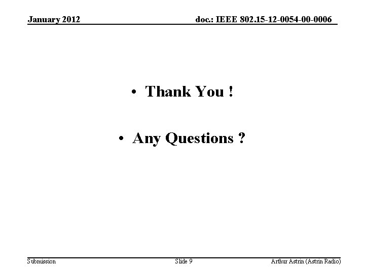 January 2012 doc. : IEEE 802. 15 -12 -0054 -00 -0006 • Thank You