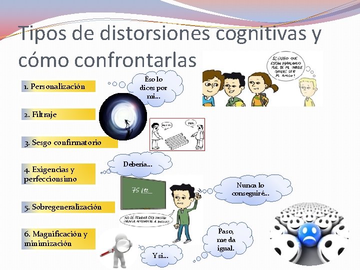 Tipos de distorsiones cognitivas y cómo confrontarlas 1. Personalización Eso lo dices por mi…