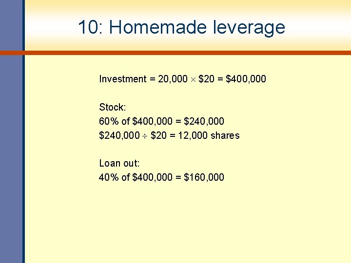 10: Homemade leverage Investment = 20, 000 $20 = $400, 000 Stock: 60% of