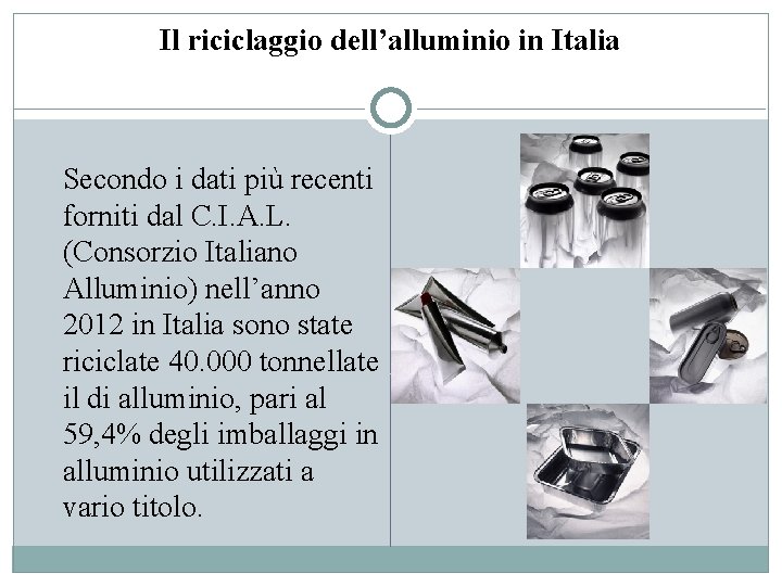 Il riciclaggio dell’alluminio in Italia Secondo i dati più recenti forniti dal C. I.