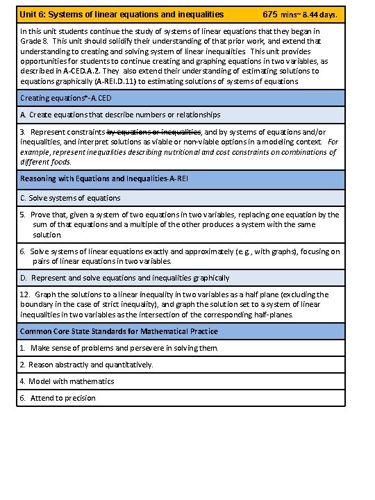 Unit 6: Systems of linear equations and inequalities 675 mins~ 8. 44 days. In