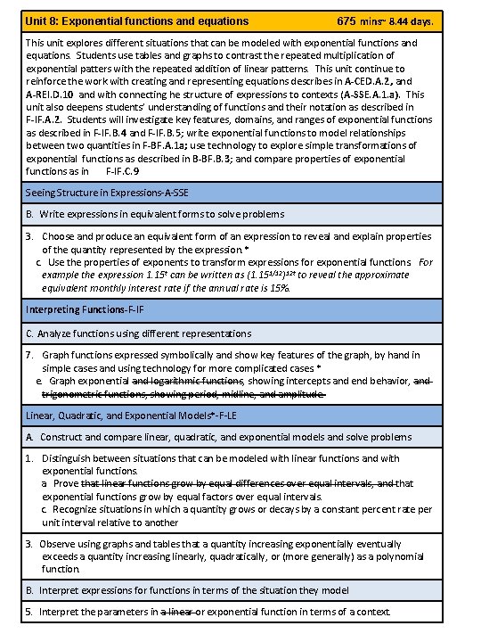 Unit 8: Exponential functions and equations 675 mins~ 8. 44 days. This unit explores
