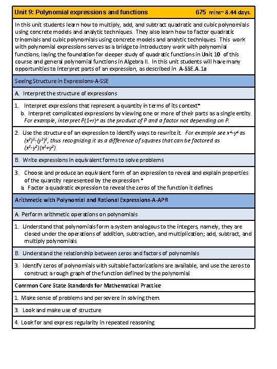 Unit 9: Polynomial expressions and functions 675 mins~ 8. 44 days. In this unit