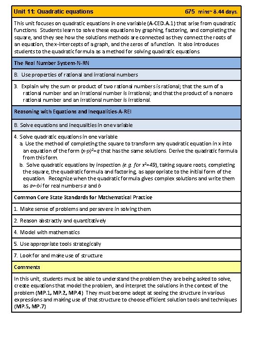 Unit 11: Quadratic equations 675 mins~ 8. 44 days. This unit focuses on quadratic