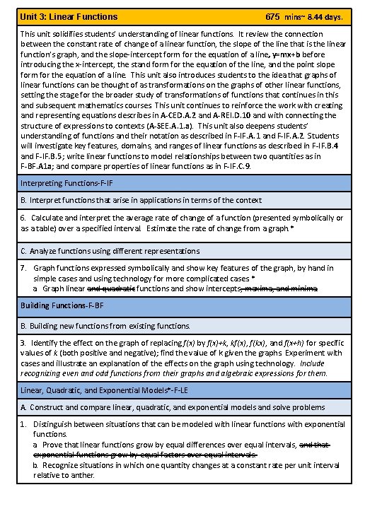 Unit 3: Linear Functions 675 mins~ 8. 44 days. This unit solidifies students’ understanding