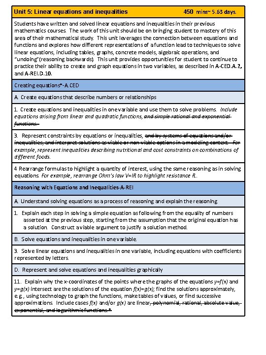 Unit 5: Linear equations and inequalities 450 mins~ 5. 63 days. Students have written
