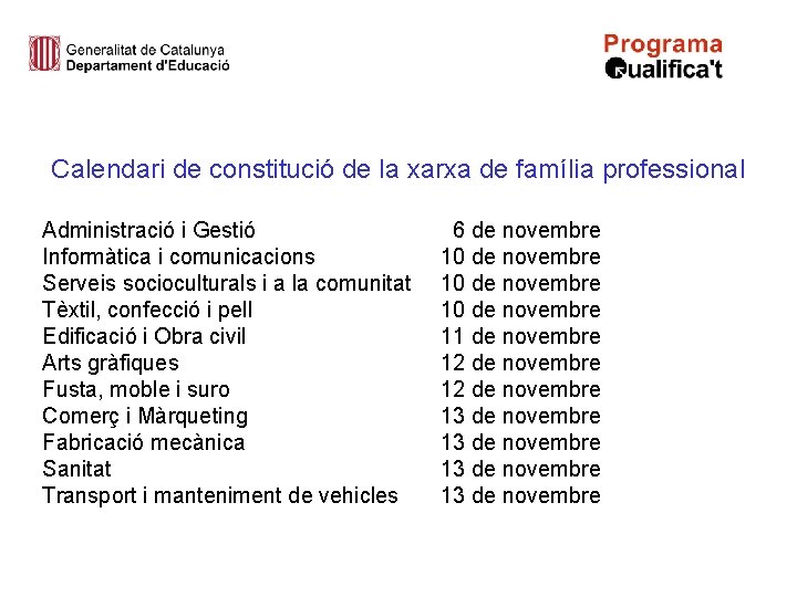 Calendari de constitució de la xarxa de família professional Administració i Gestió Informàtica i