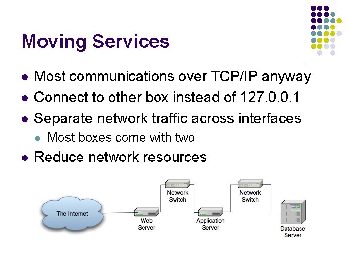Moving Services l l l Most communications over TCP/IP anyway Connect to other box