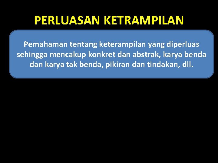 PERLUASAN KETRAMPILAN Pemahaman tentang keterampilan yang diperluas sehingga mencakup konkret dan abstrak, karya benda