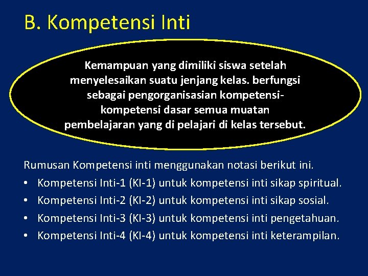 B. Kompetensi Inti Kemampuan yang dimiliki siswa setelah menyelesaikan suatu jenjang kelas. berfungsi sebagai