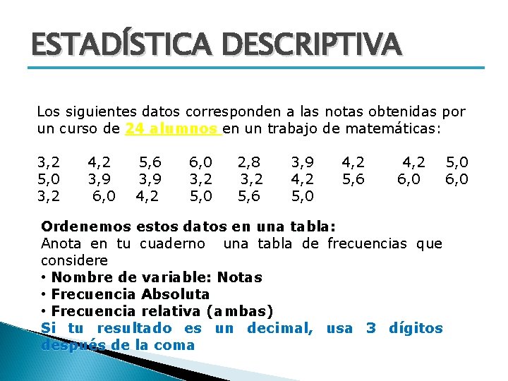 ESTADÍSTICA DESCRIPTIVA Los siguientes datos corresponden a las notas obtenidas por un curso de