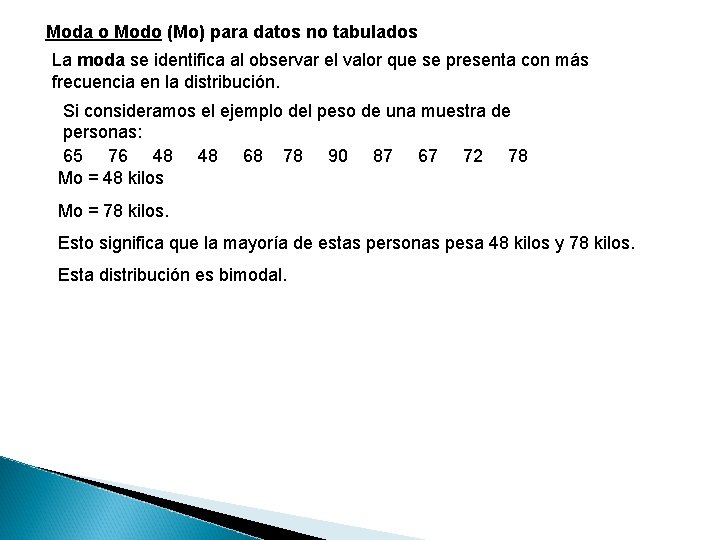 Moda o Modo (Mo) para datos no tabulados La moda se identifica al observar