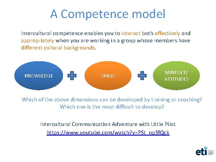 A Competence model Intercultural competence enables you to interact both effectively and appropriately when