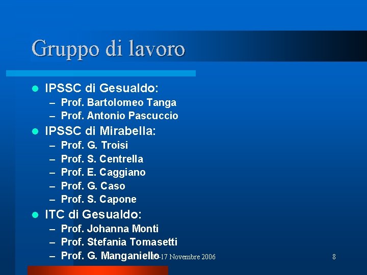 Gruppo di lavoro l IPSSC di Gesualdo: – Prof. Bartolomeo Tanga – Prof. Antonio