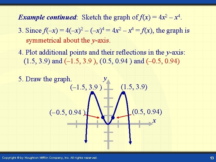 Example continued: Sketch the graph of f (x) = 4 x 2 – x Example continued: Sketch the graph of f (x) = 4 x 2 – x