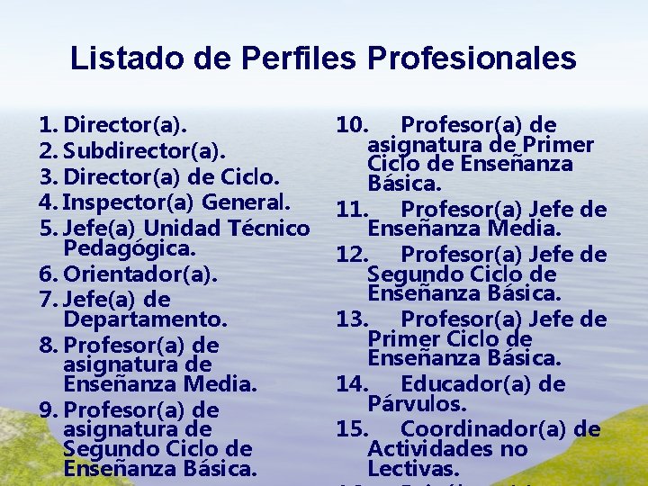 Listado de Perfiles Profesionales 1. Director(a). 2. Subdirector(a). 3. Director(a) de Ciclo. 4. Inspector(a)
