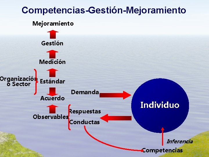 Competencias-Gestión-Mejoramiento Gestión Medición Organización Estándar o Sector Acuerdo Demanda Respuestas Observables Conductas Individuo Inferencia