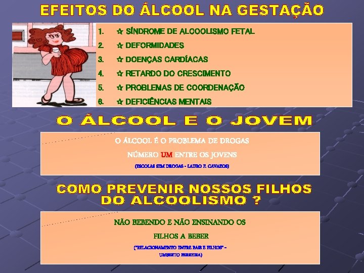 1. SÍNDROME DE ALCOOLISMO FETAL 2. DEFORMIDADES 3. DOENÇAS CARDÍACAS 4. RETARDO DO CRESCIMENTO