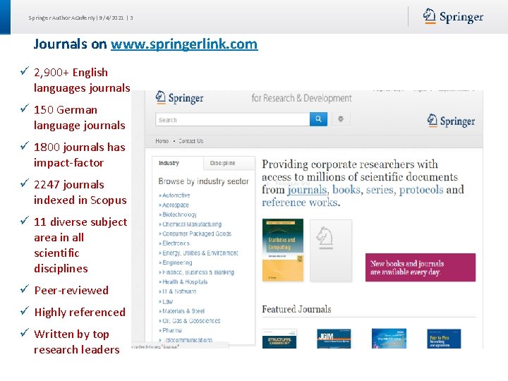 Springer Author Academy| 9/4/2021 | 3 Journals on www. springerlink. com ü 2, 900+