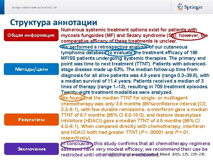 Springer Author Academy| 9/4/2021 | 47 Структура аннотации Общая информация Методы/цели Результаты Заключение Numerous